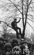 8.03.1981, Warszawa, Polska.
Obchody rocznicy Marca'68 na Uniwersytecie Warszawskim - uroczystość wmurowania w ścianę Pałacu Uruskich (Czetwertyńskich) aktu erekcyjnego pod tablicę upamiętniającą wiec studentów domagających się wolności słowa w marcu 1968. Siedzący na drzewie uczestnik uroczystości.
Fot. NN, zbiory Ośrodka KARTA/Independent Polish Agency (IPA) przekazał Józef Lebenbaum