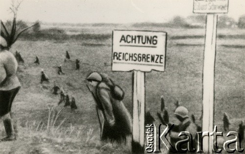 1939-1945, brak miejsca.
Grafika ilustrująca przejście żołnierzy przez granicę.
Fot. NN, zbiory Ośrodka KARTA, przekazał Jan Ptasiński