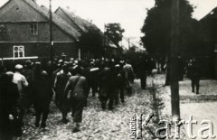 Wrzesień 1939, Płońsk, Polska.
Aresztowani Żydzi prowadzeni do getta. Fotografię wykonał funkcjonariusz Einsatzkommando 3, wchodzący w skład Einsatzgruppe V, dowodzonego przez Ernsta Damzoga.
Fot. NN, zbiory Ośrodka KARTA, przekazał Jan Ptasiński