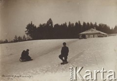 Zima 1914, leśnictwo Pristanskoje, Wyksa okolice, gubernia włodzimierska, Rosja.
Zabawy na śniegu - zjeżdżanie na sankach. W głębi leśniczówka Wacława Skorupskiego.
Fot. NN, zbiory Ośrodka KARTA, album Wacława Skorupskiego udostępniła Agata Witerska