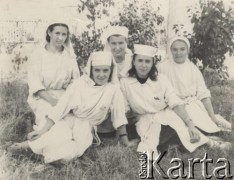 Lipiec 1952, Brześć, Białoruska SRR, ZSRR
Pielęgniarki Szpitala Zakaźnego w przyszpitalnym ogrodzie, w środku Irena Skorupska.
Fot. NN, zbiory Ośrodka KARTA, album Ireny Skorupskiej udostępniła Agata Witerska