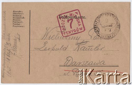 27.10.1917, Szczypiorno k/Kalisza, Polska.
Rewers kartki pocztowej wysłanej przez żołnierza 1 Pułku Ułanów Legionów Polskich Juliusza Kamlera (1898-1919) ze Szczypiorna do jego ojca Juliusza Leopolda Kamlera zamieszkałego w Warszawie przy ulicy Pięknej. Juliusz Kamler w lipcu 1917 roku został internowany w obozie dla legionistów w Szczypiornie. W kartce do ojca porusza kwestię jego stanu zdrowia oraz zdrowia matki (Amelii Kamler), a także starań o uwolnienie go z obozu.
Fot. zbiory Ośrodka KARTA, Pogotowie Archiwalne [PAF_004], udostępniła Anna Stańczykowska

