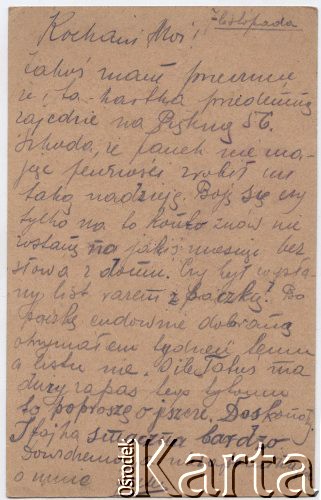 7.11.1917, Szczypiorno k/Kalisza, Polska.
Awers kartki pocztowej wysłanej przez żołnierza 1 Pułku Ułanów Legionów Polskich Juliusza Kamlera (1898-1919) ze Szczypiorna do jego rodziców Juliusza Leopolda i Amelii Kamlerów zamieszkałych w Warszawie przy ulicy Pięknej. Juliusz Kamler w lipcu 1917 roku został internowany w obozie dla legionistów w Szczypiornie.
Fot. zbiory Ośrodka KARTA, Pogotowie Archiwalne [PAF_004], udostępniła Anna Stańczykowska