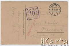 28.02.1918, Łomża, Polska.
Rewers kartki pocztowej wysłanej przez żołnierza 1 Pułku Ułanów Legionów Polskich Mariana Skarżyńskiego do jego kolegi z tego samego pułku Juliusza Kamlera zamieszkałego w Warszawie przy ulicy Pięknej. W lipcu 1917 roku zostali oni  internowany w obozie dla legionistów w Szczypiornie, następnie w grudniu przeniesioni do obozu w Łomży. W lutym Kamler został uwolniony i powrócił do rodzinnej Warszawy, Skarżyński pozostał w Łomży. Pisze on o swoich badaniach lekarskich i prosi Kamlera o zdobycie informacji w pewnej ważnej sprawie. Na kartce widoczne są dwa polskie stemple pocztowe.
Fot. zbiory Ośrodka KARTA, Pogotowie Archiwalne [PAF_004], udostępniła Anna Stańczykowska