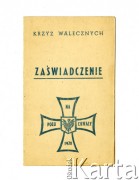 1944, Włochy.
Zaświadczenie o nadaniu Krzyża Walecznych starszemu saperowi Karolowi Bielakowowi w uznaniu czynów wojennych podczas kampanii włoskiej. Zaświadczenie wydał dowódca 10 Batalionu Saperów ppłk Stanisław Maculewicz na podstawie rozkazu dowództwa 2 Korpusu Polskiego z dnia 6 sierpnia 1944 roku.
Fot. zbiory Ośrodka KARTA, Pogotowie Archiwalne [PAF_009], udostępniła Barbara Raszczyk