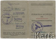 31.10.1943, Przemyśl, dystrykt Kraków, Generalne Gubernatorstwo
Dowód osobisty Zenona Zacharko urodzonego 26 stycznia 1929 roku w Przemyślu zamieszkałego w Krzemieńcu. Widoczne są stemple urzędu pocztowego w Przemyślu.
Fot. zbiory Ośrodka KARTA, Pogotowie Archiwalne [PAF_051], udostępniła Barbara Zacharko 
