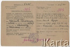 5.04.1945, Zakopane, Polska.
Przepustka wydana Tadeuszowi Hannikowi pozwalająca mu udać się do Warszawy jako swojego dawnego miejsca zamieszkania, przed wybuchem II wojny światowej. Przepustkę wydał Zarząd Miejski w Zakopanem, podpisał burmistrz Zakopanego. Na dokumencie widoczna jest pieczęć Zarządu Miejskiego w Zakopanem.
Fot. zbiory Ośrodka KARTA, Pogotowie Archiwalne [PAF_038], udostępniła Lucyna Bauer