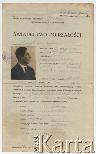 23.05.1929, Lwów, Polska.
Świadectwo dojrzałości Tadeusza Władysława Redycha uzyskane w II Państwowym Gimnazjum we Lwowie. 
Fot. zbiory Ośrodka KARTA, udostępniła Elżbieta Sławikowska