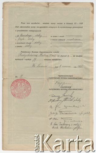 8.06.1927, Lwów, Polska.
Świadectwo dojrzałości Haliny Redychówny z prywatnego gimnazjum humanistycznego Sióstr Najświętszej Rodziny z Nazaretu we Lwowie. 
Fot. zbiory Ośrodka KARTA, udostępniła Elżbieta Sławikowska