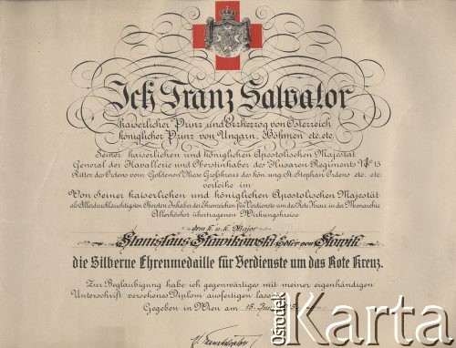 15.06.1915, Wiedeń, Austro-Węgry.
Dokument informujący o nadaniu srebrnego medalu Czerwonego Krzyża majorowi Stanisławowi Sławikowskiemu przez arcyksięcia Franza Salwatora. 
Fot. zbiory Ośrodka KARTA, udostępniła Elżbieta Sławikowska