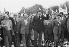 12.05.1981, Warszawa, Polska..
Jan Kułaj i inni działacze rolniczej Solidarności po ogłoszeniu decyzji o rejestracji Niezależnego Samorządnego Związku Zawodowego 