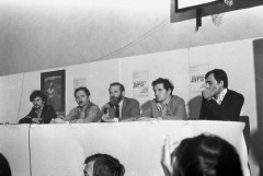 7.10.1981, Gdańsk, Polska..
Konferencja prasowa BIPS (Biuro Informacji Prasowej Solidarność) podczas drugiej tury I Krajowego Zjazdu Delegatów NSZZ 