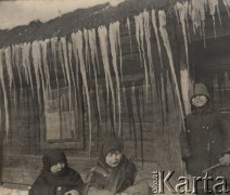 1924-1932, Kosów Poleski, woj. poleskie, Polska.
Troje dzieci w zimowych ubraniach przed chatą. Z dachu zwisają sople lodu.
Fot. Feliks Drozdowski, zbiory Ośrodka KARTA, Pogotowie Archiwalne [PAF_050], udostępnił Krzysztof Drozdowski