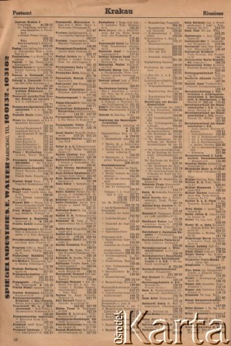 1942, Kraków. Polska.
Urzędowa Książka Telefoniczna dla Generalnego Gubernatorstwa wydana przez Niemiecką pocztę Wschodu w 1942 r., abonenci prywatni i instytucje miejskie na litery P-R.
Fot. zbiory Ośrodka KARTA, udostępnił Zbigniew Pawelski