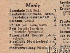 1942, Mordy, Polska.
Urzędowa Książka Telefoniczna dla Generalnego Gubernatorstwa wydana przez Niemiecką pocztę Wschodu w 1942 r. Abonenci w Mordach, m.in. stacja kolejowa, posterunek policji, poczta i Henryk Przewlodzki (Przewłocki).
Fot. zbiory Ośrodka KARTA, udostępnił Zbigniew Pawelski