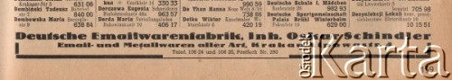 1942, Kraków, Polska.
Urzędowa Książka Telefoniczna dla Generalnego Gubernatorstwa wydana przez Niemiecką pocztę Wschodu w 1942 r. Reklama fabryki Deutsche Emailwarenfabrik Oskara Schindlera, mieszczącej się przy ulicy Lipowej 4.
Fot. zbiory Ośrodka KARTA, udostępnił Zbigniew Pawelski