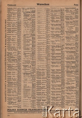 1942, Warszawa, Polska.
Urzędowa Książka Telefoniczna dla Generalnego Gubernatorstwa wydana przez Niemiecką pocztę Wschodu w 1942 r., abonenci prywatni na literę P oraz komisariaty policji.
Fot. zbiory Ośrodka KARTA, udostępnił Zbigniew Pawelski