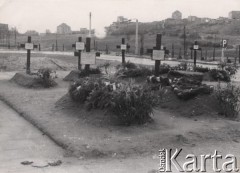 1945, Polska.
Mogiły na zaimprowizowanym cmentarzu na obrzeżach miasta.
Fot. Tadeusz Olszewski, zbiory Ośrodka KARTA, udostępniła Anna Olszewska