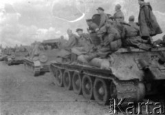 Lato 1944, Białoruś, ZSRR.
Letnia ofensywa Armii Czerwonej - natarcie gwardyjskiego pułku czołgów, żołnierze piechoty jadący na czołgach.
Fot. Aleksiej Pamiatnych (ojciec), udostępnił Aleksiej Pamiatnych, zbiory Ośrodka KARTA