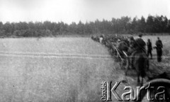 18.07.1944, Puszcza Rudnicka, pow. Wileńsko-Trocki.
Oddział partyzancki Bazy z Kedywu Komendy Okręgu Wileńskiego AK. Odskok do puszczy - ucieczka przed rozbrojeniem przez sowietów.
Fot. Zygmunt Zniszczyński, zbiory Ośrodka KARTA, kolekcja BAZY-MIÓD [sygn. 14/?]
