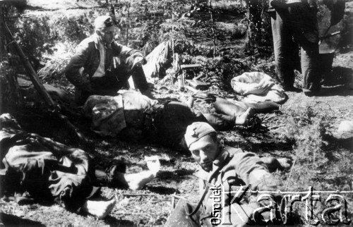 20-21.07.1944, Puszcza Rudnicka, pow. Wileńsko-Trocki.
Oddział partyzancki Bazy z Kedywu Komendy Okręgu Wileńskiego AK. Tymczasowy leśny biwak. Od lewej: plut. Jan Nasutto 