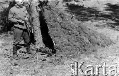 01-02.08.1944, okolice wsi Chorodyszcze, Puszcza Grodzieńska, pow. Grodno.
Oddział partyzancki Bazy z Kedywu Komendy Okręgu Wileńskiego AK podczas obozowania w lesie nad rzeką Kotrą, na północ od spalonej wsi Chorodyszcze. Przed szałasem stoi NN 