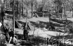 01-02.08.1944, okolice wsi Chorodyszcze, Puszcza Grodzieńska, pow. Grodno.
Oddział partyzancki Bazy z Kedywu Komendy Okręgu Wileńskiego AK podczas obozowania w lesie nad rzeką Kotrą, na północ od spalonej wsi Chorodyszcze. Z lewej przed szałasem siedzą NN 