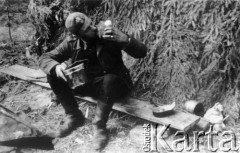 Koniec lipca 1944, Puszcza Grodzieńska, pow. Grodno.
Oddział partyzancki Bazy z Kedywu Komendy Okręgu Wileńskiego AK na biwaku w puszczy.
Fot. Zygmunt Zniszczyński, zbiory Ośrodka KARTA, kolekcja BAZY-MIÓD [sygn. 2/28]

