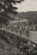 1948, Czechosłowacja.
Kolarze na trasie wyścigu Praga-Warszawa. Na zdjęciu na pierwszym planie widzowie zgromadzeni wzdłuż trasy, dalej zawodnicy na rowerach w kaskach, w oddali na krętej szosie obsługa techniczna wyścigu w samochodach i na motocyklach.
Fot. NN, zbiory Ośrodka Karta, udostępni?o Warszawskie Towarzystwo Cyklistów (WTC).
