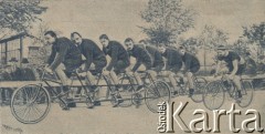 Koniec XIX w., brak miejsca.
Wyścig kolarski na tandemie podwójnym (kwadruplecie).
Fot. NN, zbiory Ośrodka Karta, udostępniło Warszawskie Towarzystwo Cyklistów (WTC).