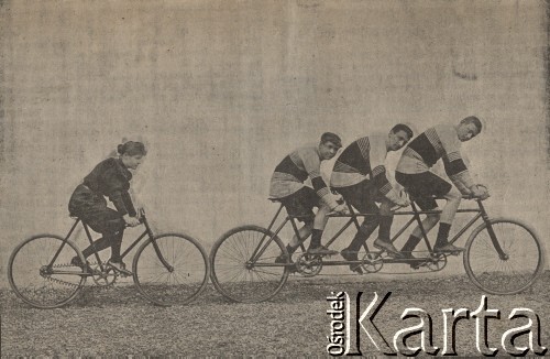Przełom XIX i XX wieku, brak miejsca.
Cyklistka Lisette, zwyciężczyni wyścigu ośmiodniowego (270 km. 239 m.).
Fot. NN, zbiory Ośrodka Karta, udostępniło Warszawskie Towarzystwo Cyklistów (WTC).