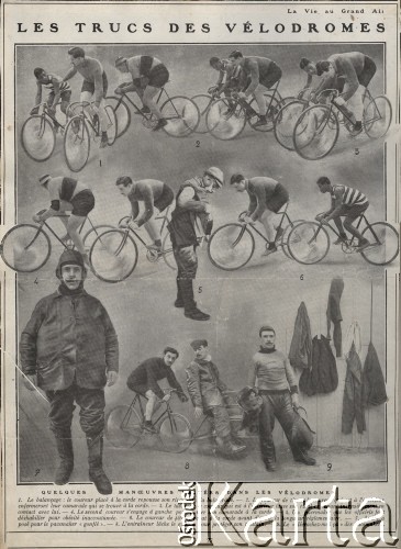 Przełom XIX i XX wieku, Francja.
Plakat z ilustracjami i opisem, przedstawiający manewry i sztuczki przydatne podczas wyścigów na welodromie.
Fot. NN, zbiory Ośrodka Karta, udostępniło Warszawskie Towarzystwo Cyklistów (WTC).