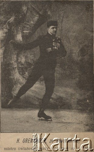1898, brak miejsca.
H. Grenander ze Sztokholmu - mistrz úwiatowy jazdy sztucznej na lodzie , w tle drzewa. 
Fot. NN, zbiory Oúrodka Karta, udostÍpni≥o Warszawskie Towarzystwo Cyklistůw (WTC).