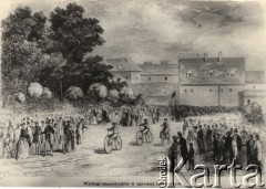 5.06.1869, Warszawa, Polska pod zaborem rosyjskim.
Obraz przedstwiający pierwsze zawody welocypedów w na ziemiach polskich, które zorganizowano w Ogrodzie Krasińskich.  
Fot. NN, Warszawskie Towarzystwo Cyklistów, zbiory Ośrodka KARTA
