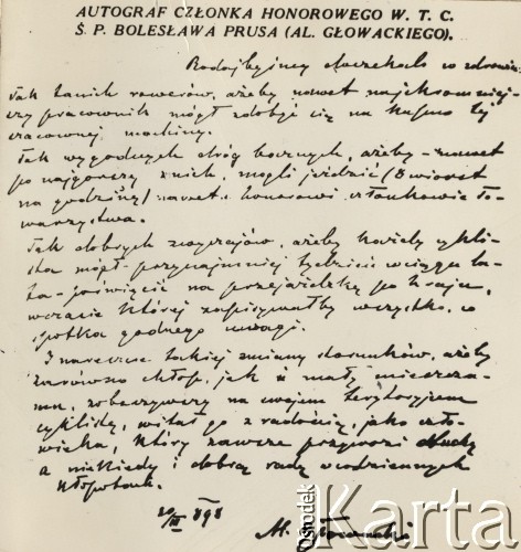 20.03.1897, Polska pod zaborem rosyjskim.
Autograf Członka Honorowego Warszawskiego Towarzystwa Cyklistów Bolesława Prusa: 