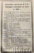 1930, Polska.
Kalendarz sportowy WTC wyścigów kolarskich na torze w 1930 r. 
Fot. NN, Warszawskie Towarzystwo Cyklistów, zbiory Ośrodka KARTA