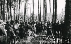 18.07.1944, Puszcza Rudnicka, Wileńszczyzna.
Odprawa 6 Wileńskiej Samodzielnej Brygady Partyzanckiej Armii Krajowej prowadzona przez Adama Boryczkę ps. Tońko.
Fot. NN, kolekcja Wincentego Borodziewicza, zbiory Ośrodka KARTA, przekazała Wanda Borodziewicz