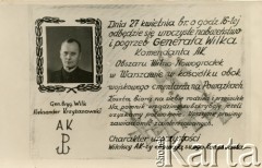 Brak daty, brak miejsca.
Karta pocztowa z informacją o pogrzebie generała Aleksandra Krzyżanowskiego ps. Wilk. Uroczystość odbyła się 27 kwietnia 1957 roku. Ze względu na możliwe represje służb bezpieczeństwa, informację rozsyłano pocztą.
Fot. NN, kolekcja Wincentego Borodziewicza, zbiory Ośrodka KARTA, przekazała Wanda Borodziewicz