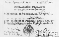 10.07.1944, brak miejsca.
Zaświadczenie tymczasowe wydane dla żołnierza 23 Brygady Partyzanckiej Armii Krajowej.
Fot. NN, kolekcja Wincentego Borodziewicza, zbiory Ośrodka KARTA, przekazała Wanda Borodziewicz