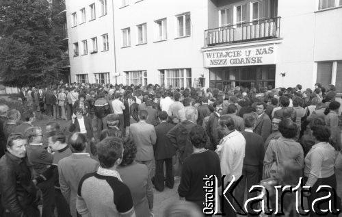 17.09.1980, Gdańsk, Polska.
Spotkanie przedstawicieli niezależnego ruchu związkowego z całego kraju w siedzibie gdańskiego Międzyzakładowego Komitetu Założycielskiego NSZZ 