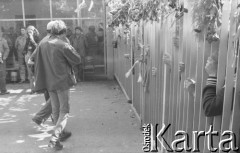 Sierpień 1980, Gdańsk, Polska.
Strajk okupacyjny w Stoczni Gdańskiej im. Lenina. Stoczniowcy stoją przy bramie nr 2.
Fot. Zbigniew Trybek, zbiory Ośrodka KARTA


