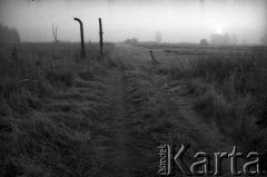 1988, Oświęcim, Polska.
KL Auschwitz Birkenau. Pozostałości ogrodzenia obozu. Polna droga. Wschód słońca.
Fot. Piotr Dylik, zbiory Ośrodka KARTA