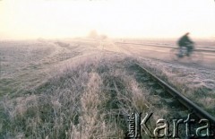 1991, Oświęcim, Polska.
KL Auschwitz Birkenau. Tory kolejowe. Z prawej rowerzysta.
Fot. Piotr Dylik, zbiory Ośrodka KARTA