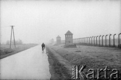 1991, Oświęcim, Polska.
KL Auschwitz Birkenau. Droga wzdłuż obozu. Ogrodzenie obozu. Wieże strażnicze. Zdjęcie we mgle. Rowerzysta.
Fot. Piotr Dylik, zbiory Ośrodka KARTA