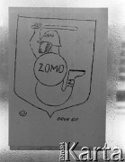 13.12.1981, Gdańsk, Polska.
Plakat na szybie budynku - funkcjonariusz ZOMO przedstawiony jako syrenka - herb Warszawy. 
Fot. Jan Juchniewicz, zbiory Ośrodka KARTA