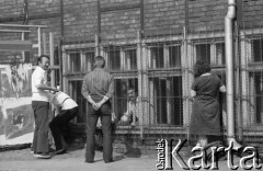 Sierpień 1980, Gdańsk, Polska.
Strajk w Stoczni Gdańskiej im. Lenina. Strajkujący stoczniowiec rozmawia przez ogrodzenie z osobami stojącymi przed stocznią.
Fot. Witold Górka, zbiory Ośrodka KARTA
