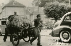 Czerwiec 1940, Giens, Francja.
Ewakuacja ludności cywilnej po napaści hitlerowskich Niemiec na Francję. Chłopak ciągnie ulicą wózek z dobytkiem.
Fot. NN, Instytut Polski i Muzeum im. gen. Sikorskiego w Londynie