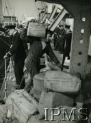 1940-1946, brak miejsca.
ORP Garland, rozładowywanie żywności.
Fot. NN, Instytut Polski i Muzeum im. gen. Sikorskiego w Londynie [szuflada 39, sygnatura 15617]