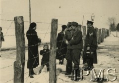 1940, Targu-Jiu, Rumunia.
Obóz internowania dla żołnierzy Wojska Polskiego. Kilku żołnierzy przy ogrodzeniu z drutu kolczastego.
Fot. Stanisław Sarek,  Instytut Polski i Muzeum im. gen. Sikorskiego [album 324 przekazany przez Andre Arbitre za pośrednictwem Zofii Sereskiej - żołnierze w Targu-Jiu w Rumunii]