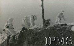 Styczeń 1945, rzeka Senio (okolice), Włochy.
Żołnierze 2 Korpusu w ochronnych płaszczach udają się na patrol, idą schyleni grzbietem góry. 
Fot. NN, Instytut Polski im. gen. Sikorskiego w Londynie, [album 144 - fot. z Włoch dar Michniewicza z Buenos Aires 1.01.1961].